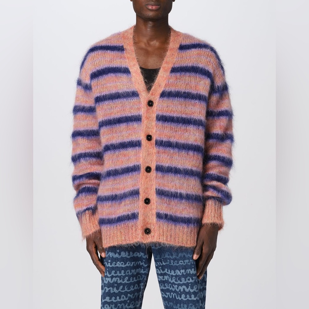 Marni Iconic Mohair fuzzy Brushed Stripes Cardigan V Neck NWT